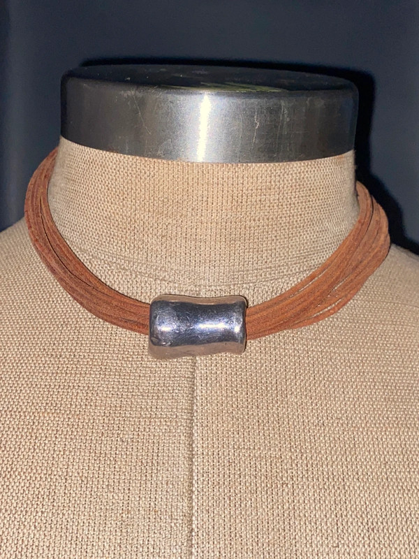 16” brown leather multicorded necklace silvertone metal accents barrel slide pendant 2