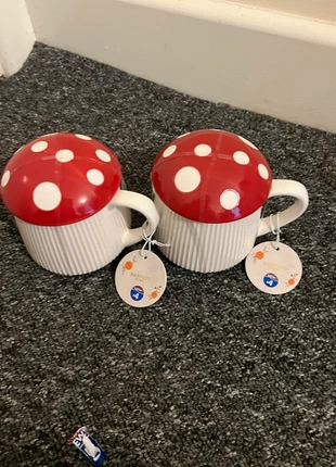 🍄 Set of 2 Ceramic Mushroom Mugs with Lids – Super Cute!, brand: B&M, condition: New with tags, £8.50, £9.63 includes Buyer Protection