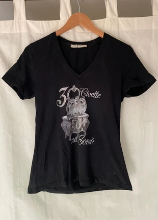 Zwart V-hals T-shirt - Uil Print met Strass - 'Just For You Milano' - Maat XL, merk: Just For You, staat: Heel goed, maat: XL / 42 / 14, € 4,00, € 4,90 inclusief Kopersbescherming