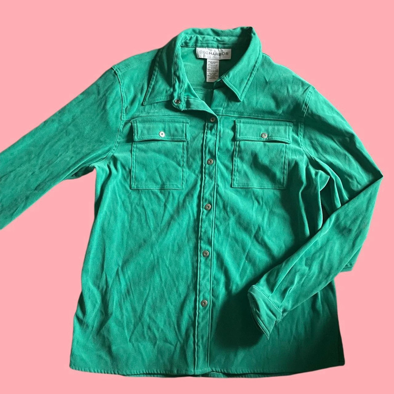 Vintage green suede feeling polyester button up shirt/jacket 2