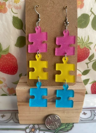 Retro fun, large statement long drop colourful jigsaw puzzle earrings, brand: jigsaw puzzle, condition: New without tags, £3.00, £3.85 includes Buyer Protection