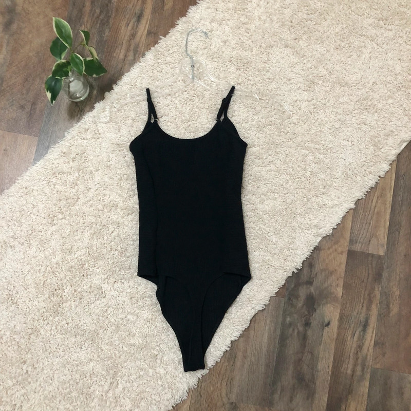 American Eagle Size Small Black Ribbed Cami Thong Bodysuit 3