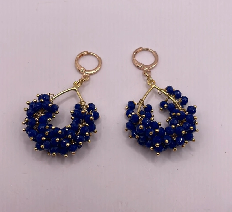 Vintage Gold Tone Royal Blue Beaded Dangle Drop Statement Earrings 2