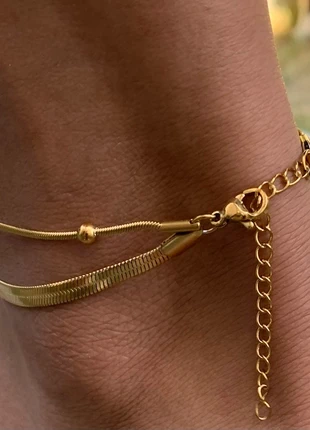 chaîne de cheville double perlé en acier inoxydable couleur or, condition: Very good, €8.00, €9.10 includes Buyer Protection