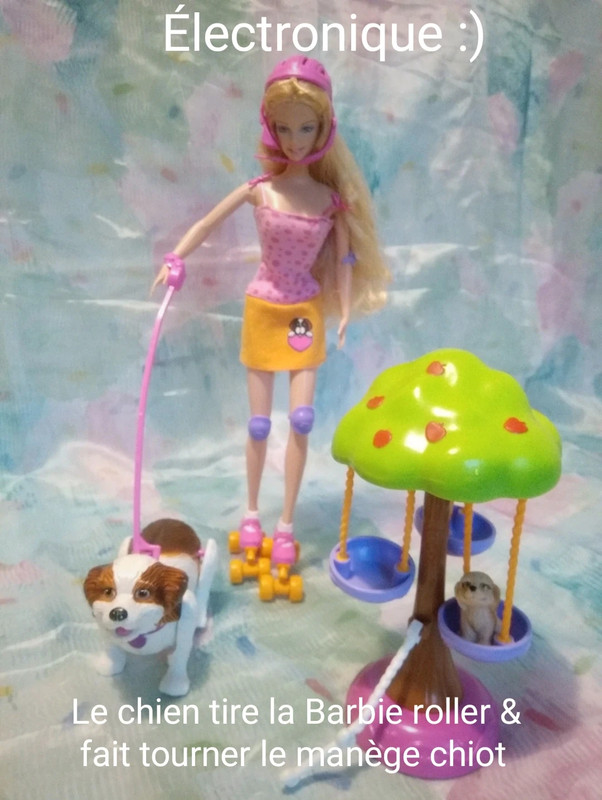 Le Chien tire la Barbie à Roller & fait Tourner le Manège du Chiot