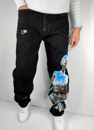 Jean large baggy skater noir print mettalique futuriste boohoo W34, état: Très bon état, taille: XL, 20,00 €, 21,70 € Protection acheteurs (Pro) incluse