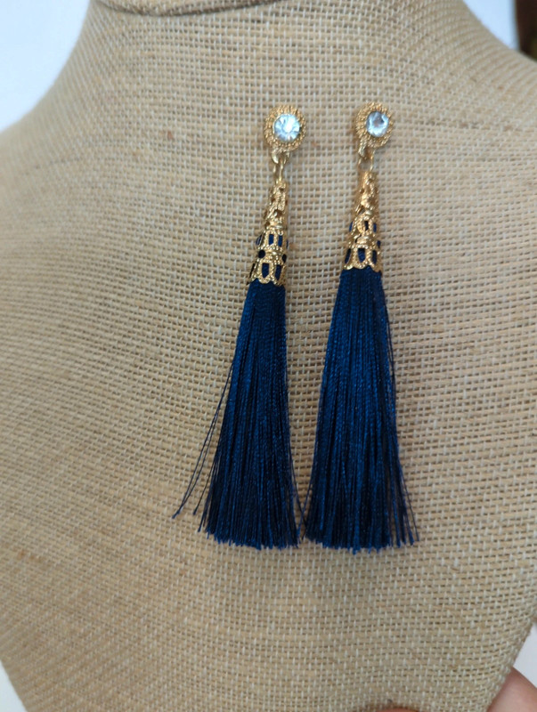 Earrings dark blue Fringe gold tone hardware rhinestones. 3.5 in Long. 1