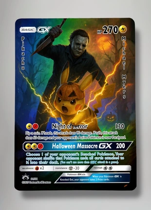Pikachu e Micheal myers carta Hallowheen Custom holo pokemon, brand: pokemoncustom, condizioni: Ottime, €10.00, €11.20 include la Protezione acquisti Pro