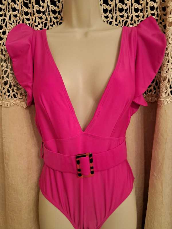 Hot pink one piece belted swimsuit bathing suit size large 1