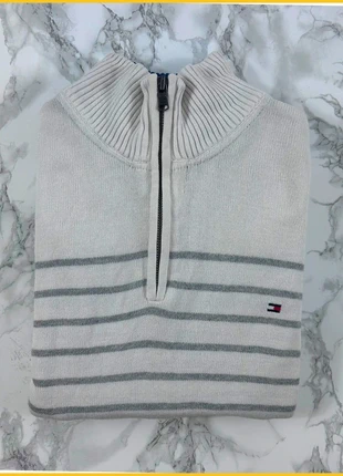 Pull 1/4 Zip, Halfzip Tommy Hilfiger Blanc à rayure / Col camionneur / Logo brodé / Taille L Homme, marke: Tommy Hilfiger, zustand: Sehr gut, größe: L, 25,00 €, 26,95 € inklusive Vinted-Käuferschutz