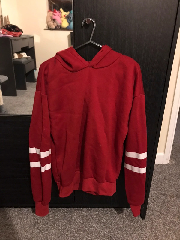 Red hoodie with white on sale stripes