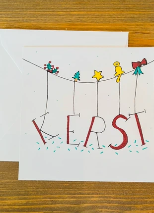 Handgetekende dubbele kerstkaart inclusief envelop Blanco binnenzijde, staat: Nieuw zonder prijskaartje, € 1,95, € 2,75 inclusief Kopersbescherming