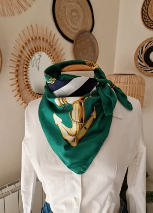 Foulard carré vintage marine/ vert imprimé maritime Nicole de Beauvoir 84x84 cm, merk: nicole de beauvoir, staat: Heel goed, € 7,00, € 8,05 inclusief Kopersbescherming Pro