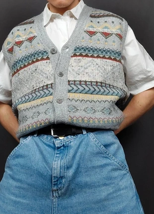 Cardigan / Gilet sans Manches Vintage 80s Maille Gris Multicolore Motifs Imprimé 55% Laine (L/XL), marca: Vintage Dressing, estado: Muito bom, tamanho: L, €21.00, €22.75 inclui Proteção do Comprador Pro