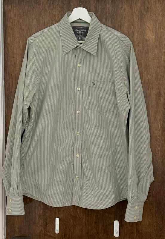 Vintage Abercrombie & Fitch Muscle men’s button up striped green embroidered logo shirt, size XL 1