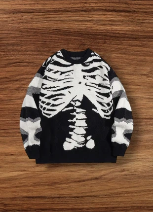 Pull Vintage Y2K Motifs Squelettes Noir Blanc Taille L - Américain Old School USA 90s Streetwear, marke: Aesthetic, zustand: Sehr gut, größe: L, 49,90 €, 53,10 € inklusive Vinted-Käuferschutz