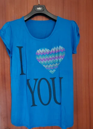 T-shirt donna blu stampa cuore strass, état: Très bon état, taille: L, 2,00 €, 2,80 € Protection acheteurs incluse