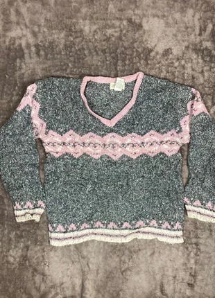 Pull Gris et Rose à col v Vintage, marque: Vintage Dressing, état: Satisfaisant, taille: M / 38 / 10, 8,00 €, 9,10 € Protection acheteurs (Pro) incluse