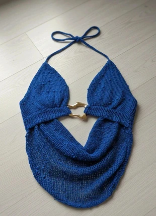 Haut bleu dos nu col halter noué, coupe sexy ajustée, parfait été & soirées/Taille M, brand: Vintage, condition: Very good, size: M / 38 / 10, €25.00, €26.95 includes Buyer Protection