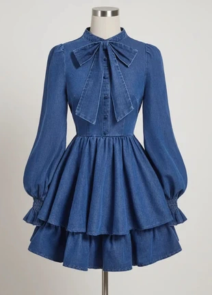 Robe Courte en Jean à Nœud – Chic Vintage / Années 70 / Romantique / Bleu Denim, merk: Atelier Lysandra, staat: Heel goed, maat: M / 38 / 10, € 89,90, € 95,10 inclusief Kopersbescherming Pro