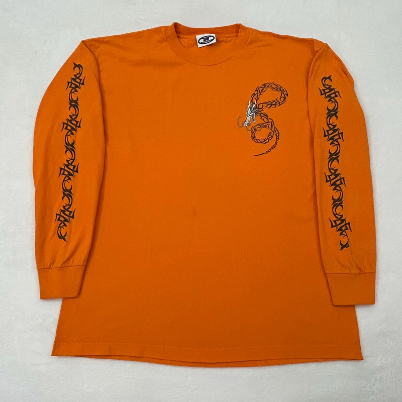 Vintage 2000s WD Sportswear Orange Tribal Dragon Skate Longsleeve Shirt Men  L/XL