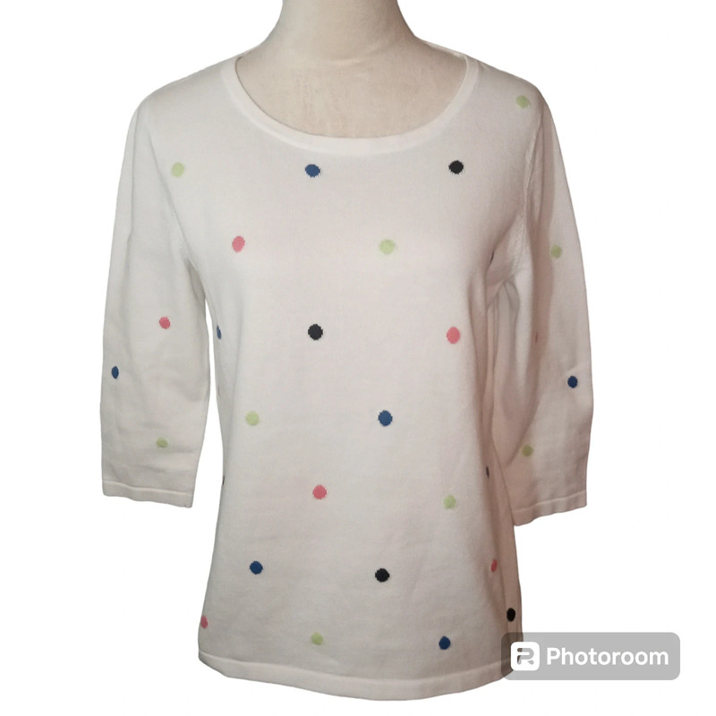 Talbot's White Crewneck Sweater with polka dots 100% Cotton Size M 1