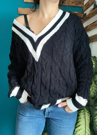 pull oversize hiver noir blanc col V décolleté - large vintage torsadé maille épais - taille L, brand: Vintage Dressing, condition: Very good, size: L / 40 / 12, €35.00, €37.45 includes Buyer Protection