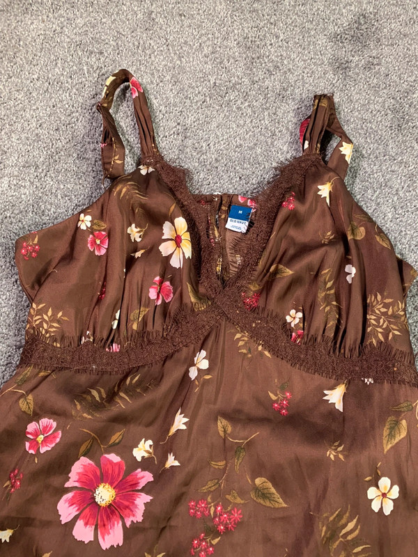 Old Navy Lace-Trimmed Satin Cami Shift Dress Size Medium Floral Pink Brown 3