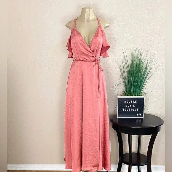 NWT. Nine West | Coral Satin Maxi Wrap Dress Sz M 1