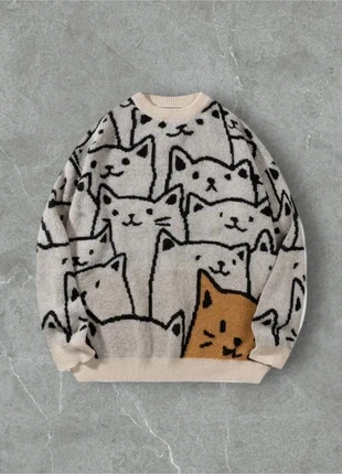 Pull Sweat Knit Vintage Y2K Motifs Chats Blanc orange Taille M - Old School USA 90s, marque: y2k, état: Très bon état, taille: M, 49,90 €, 53,10 € Protection acheteurs incluse