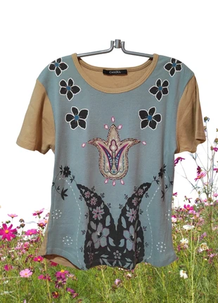 Camiseta Caroll con Estampado Étnico/Floral y Detalles en Manga Corta - Talla L (X1-4), marque: Caroll, état: Bon état, taille: L / 40 / 12, 6,00 €, 7,00 € Protection acheteurs incluse