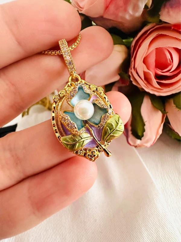 🌷Collier pendentif fleur en émail, vraie perle naturelle – Pièce unique, fait main, rare - photo numéro 2
