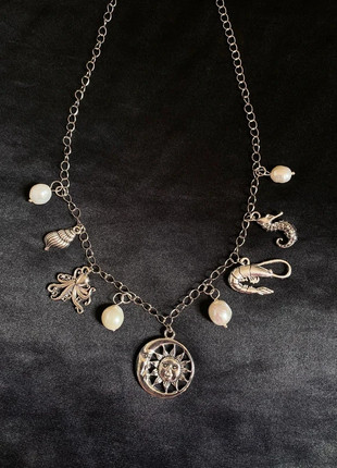 Charm pendant silver necklace sun moon pearl heart prawn octopus seahorse shell, brand: Anthropologie, condition: Very good, £15.00, £16.45 includes Buyer Protection