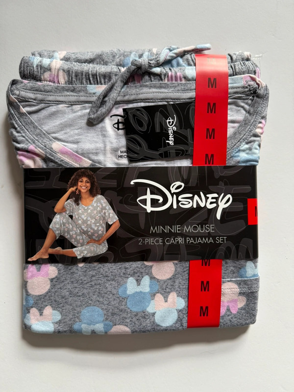 Disney Minnie Mouse 2-Piece Capri Pajama Set Size M Gray Pastel Print Sleepwear