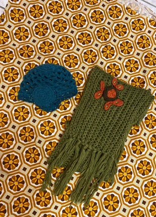 Ensemble bonnet et écharpe en laine vert kaki et bleu look bohème vintage hiver cosy, marque: Vintage Dressing, état: Très bon état, 14,00 €, 15,40 € Protection acheteurs (Pro) incluse