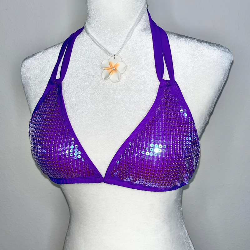 vintage early 2000s mcbling vibrant purple sequin string bikini top 3