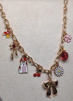 Viral Y2K Gold Charm Necklace | Cottagecore Bow, Mushroom & Castle Dangle Chain | Maximalist Fun, brand: Oliver Bonas, condition: Very good, £12.33, £13.65 includes Buyer Protection