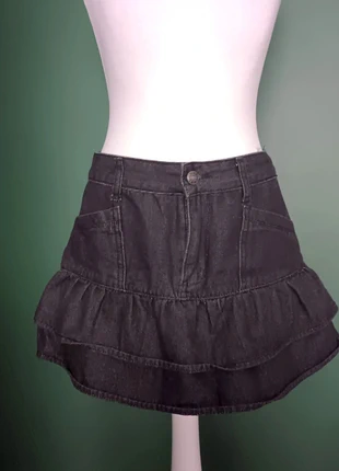 Black denim frill tiered mini skirt, brand: Romwe, condition: Very good, size: S / 8, £6.00, £7.00 includes Buyer Protection