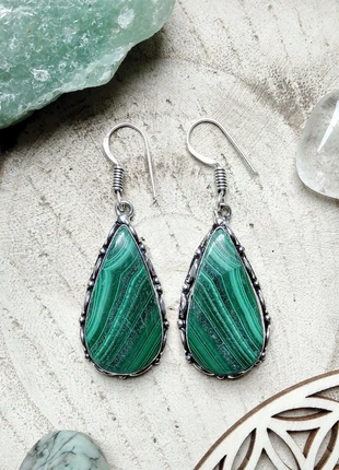 Boucles d'oreilles pendantes style bohème en argent et malachite - Pièce unique -, marque: Kashmir Bijoux, état: Très bon état, 33,00 €, 35,35 € Protection acheteurs incluse