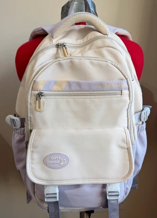 Cream & Lilac Backpack – Cute “Happy Everyday” Design!, condition: Good, £2.50, £3.00 includes Buyer Protection