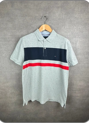 Polo Tommy Hilfiger gris à rayures navy & rouge taille L – coton, 100% authentique, marca: Tommy Hilfiger, estado: Muito bom, tamanho: L, €17.99, €19.59 inclui Proteção do Comprador Pro