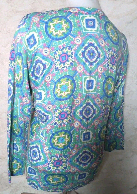 Talbots Women Teal Geometric Pattern Knit 3/4 Sleeve Cardigan Size Medium 2