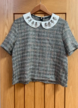 Zara. Checked T-shirt with Peter pan collar & gemstone detail. Size medium, brand: Zara, condition: New without tags, size: M / UK 12-14, £8.00, £9.10 includes Buyer Protection