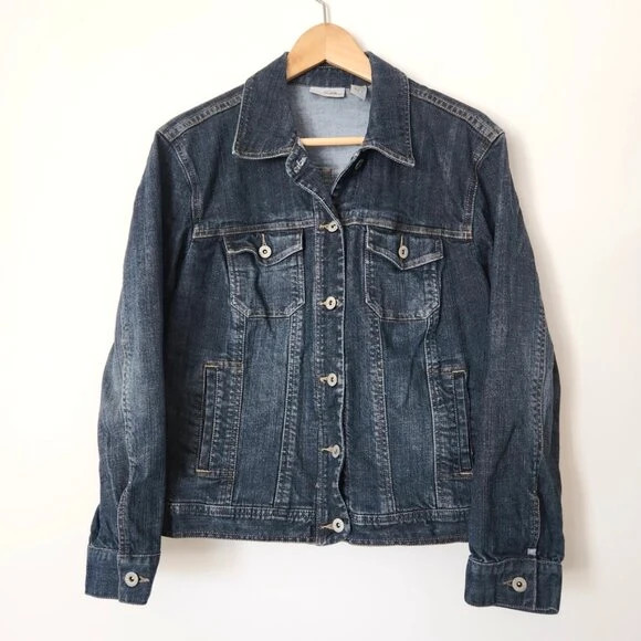 Chico's Platinum Denim Jacket Dark Wash Blue Button Front Stretch Medium 1 1