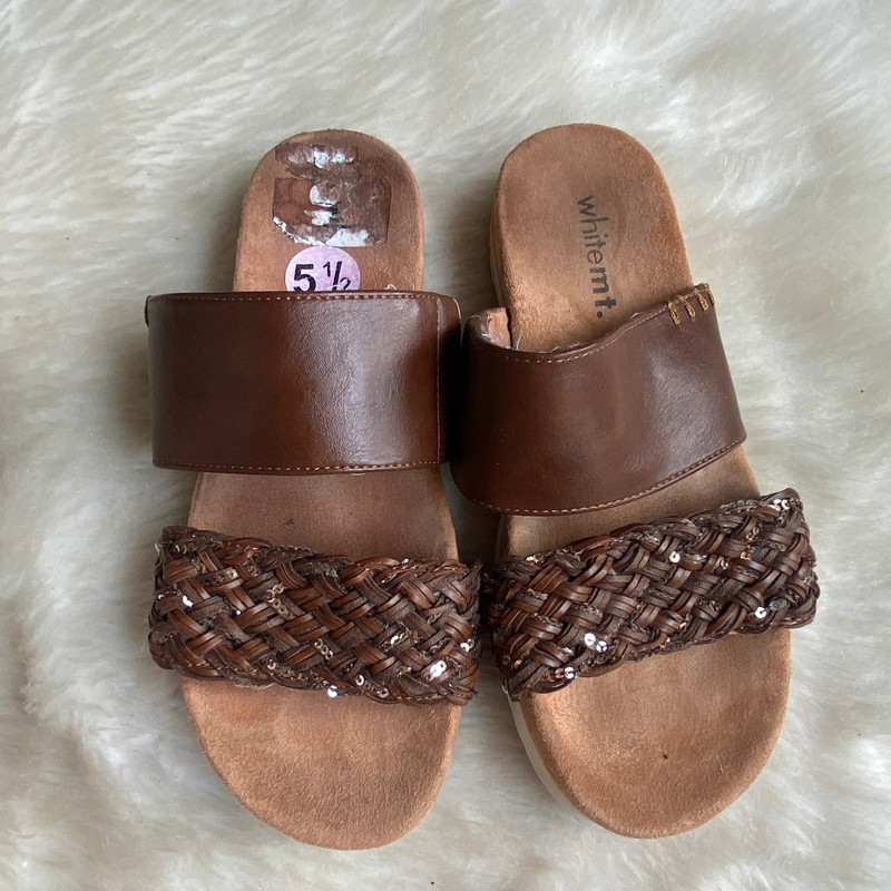 Brown Sequin Embellished Woven Faux Leather “Trudy” Sandals 1