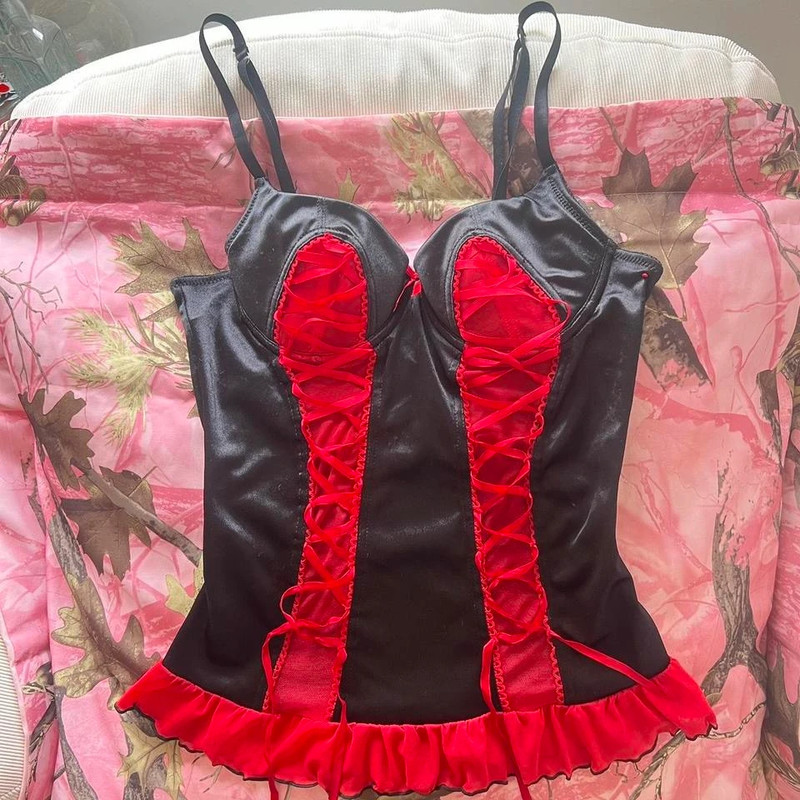 vintage coquette grunge red and black bustier silk lace up corset 1