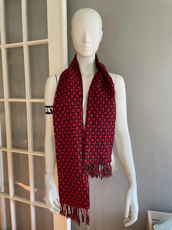 Red Cashmere Scarf with Black and Blue Geometric Design 2