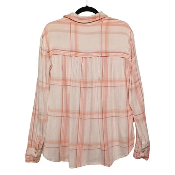 Free People Peach Pink Cream Plaid Print Long Sleeve Soft Top XXS NWT 3