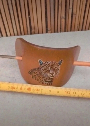 Barette cuir et bois peinte à la main motif Panthère / Léopard ° Création Artisanale °, marque: Hippie, état: Neuf sans étiquette, 9,50 €, 10,68 € Protection acheteurs incluse