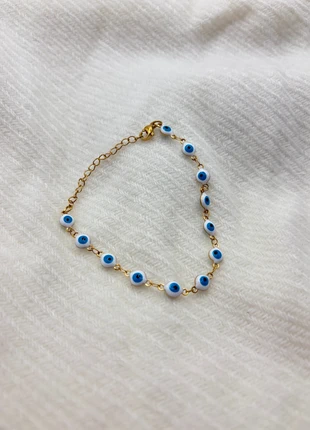 Bracelet bohème or ajustable en acier inoxydable oeil turc blanc et bleu ciel- Bohème, marque: Boheme, état: Très bon état, 7,00 €, 8,05 € Protection acheteurs (Pro) incluse
